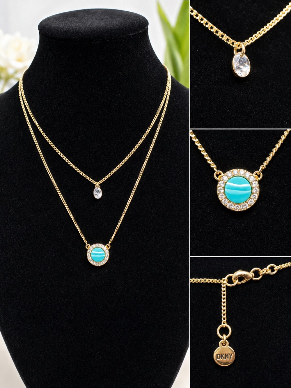DKNY Gold-Tone Layered Necklace with Turquoise Blue and Clear Crystal Accents